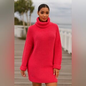 NA-KD Knitted Folded Sleeve Turtle Neck Long Sweater Dress L XL Pink